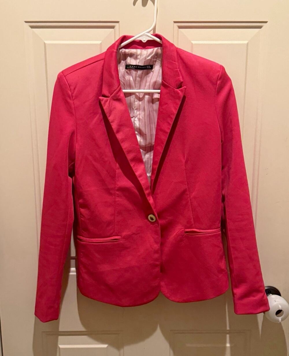 Zara Woman Pink Single Button Blazer Lined Satin Polyester Short Jacket S
